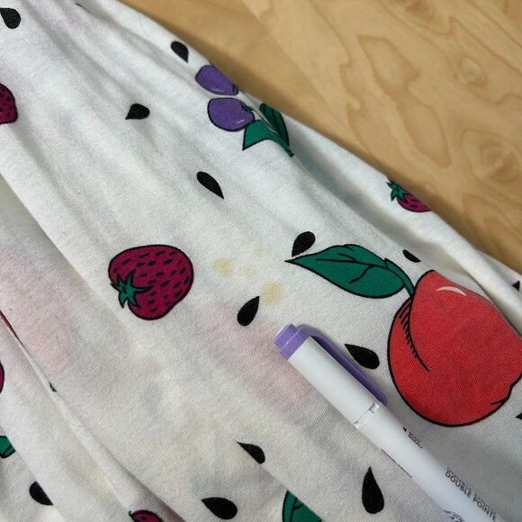 VTG 90s Fruit Print Midi Dress Womens S White Knit Cotton Blend Fit Flare - Picture 9 of 11